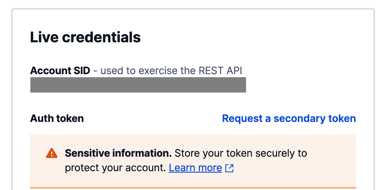 Copying the Twilio API key Copying the Twilio Account SID key